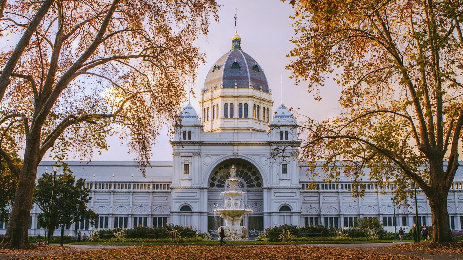 Royal Exhibition Building in Carlton with CBD skyline behind it